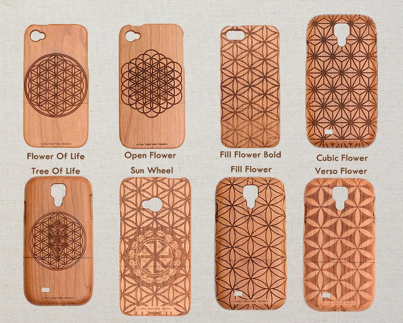 Collection Fleur de vie iPhone 15 Pro 14 Plus 13 12 mini 11 Max XR XS 8 Coque en bois pour Samsung Galaxy S23 S22 S21 S20 FE S10 S10e S9 S8 image 1