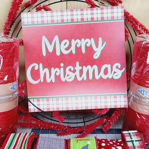 DIY Christmas Wreath Kit – Red Mesh, Ribbon & Sign Bundle – Holiday Door Decor Craft Kit for Beginners, Merry Christmas wreath kit