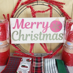 DIY Christmas Wreath Kit – Red Ornament Sign, Red Mesh & Plaid Ribbon – Holiday Door Decor Craft Kit for Beginners