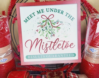 DIY Mistletoe Christmas Wreath Kit: Red Mesh, Elegant Ribbon & Sign