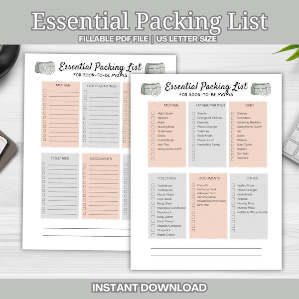 Hospital Bag pregnancy checklist gift for expectant moms, fillable PDF INSTANT DOWNLOAD Printable Neutral Maternity Essential packing list,