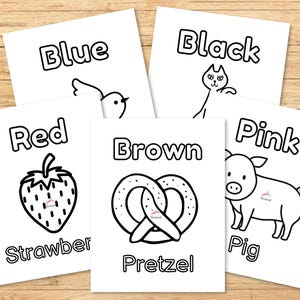 Five pictures, each a different color, Blue, Black, Red, Brown and Pink.