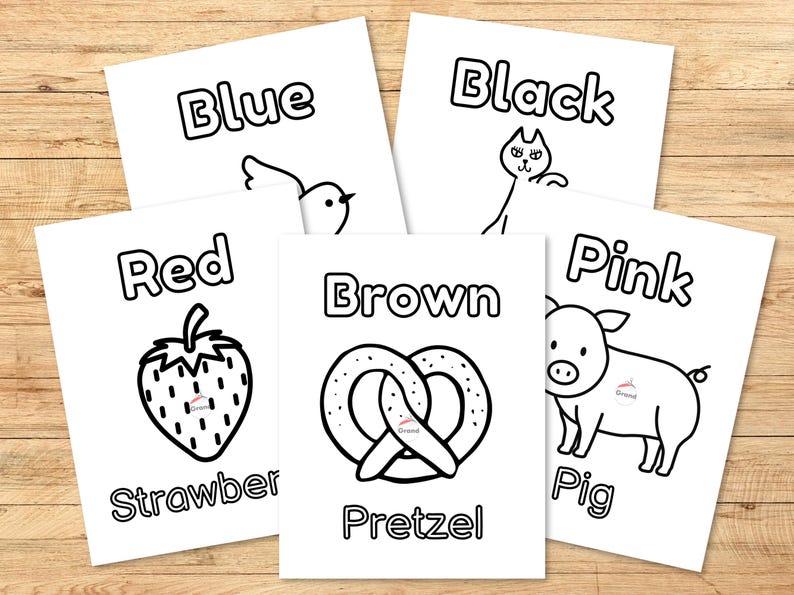 Five pictures, each a different color, Blue, Black, Red, Brown and Pink.