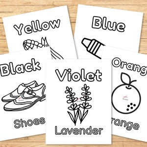 Five pictures for the colors Yellow, Blue, Black, Violet, and Orange.