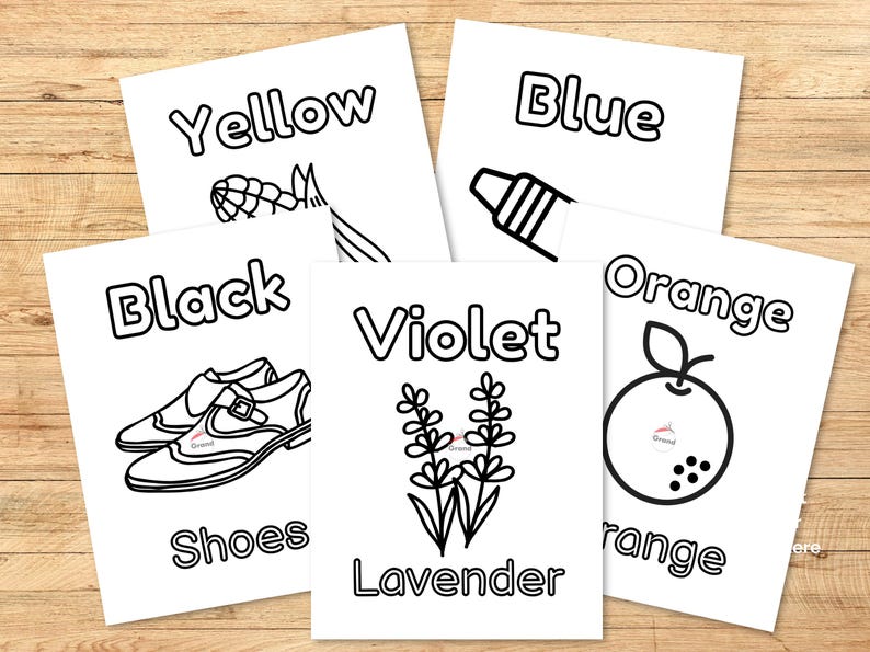 Five pictures for the colors Yellow, Blue, Black, Violet, and Orange.