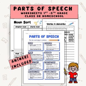 Może przedstawiać: Edukacyjne arkusze ćwiczeń dla klas 1-5, obejmujące części mowy. Różowy nagłówek brzmi "CZĘŚCI MOWY". Zawiera sortowanie rzeczowników, czasowniki i przysłówki oraz kolorowy diagram.