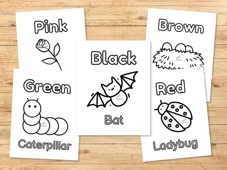 Five more pictures, showing the colors Pink, Brown, Green, Black, and Red.