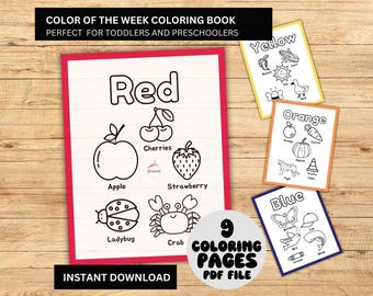 May include: Nine printable colouring pages featuring different colours and objects. The pages include red, yellow, orange, and blue. Each page has a title and a variety of objects to colour, such as cherries, an apple, a strawberry, a ladybug, a crab, a duck, a tiger, a cone, a butterfly, a hat, a bird, and a whale.