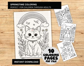 May include: A set of 10 printable colouring pages featuring cute animals and spring-themed illustrations. The pages include a cat, a bunny, a bear, and a rainbow. The text "SPRINGTIME COLORING" and "PERFECT FOR CHILDREN THROUGH ADULTS" is at the top of the page. The text "10 COLOURING PAGES PDF FILE" is at the bottom of the page.