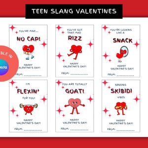 Cartões de Dia dos Namorados personalizados para sala de aula, gírias engraçadas para pré-adolescentes, imprimíveis, editáveis para meninos e meninas