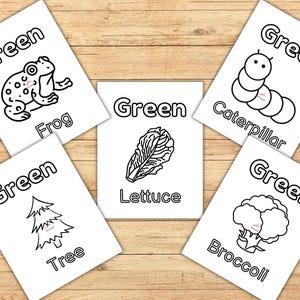 Five pictures all to be colored green: frog, caterpillar, lettuce, tree, and broccoli.