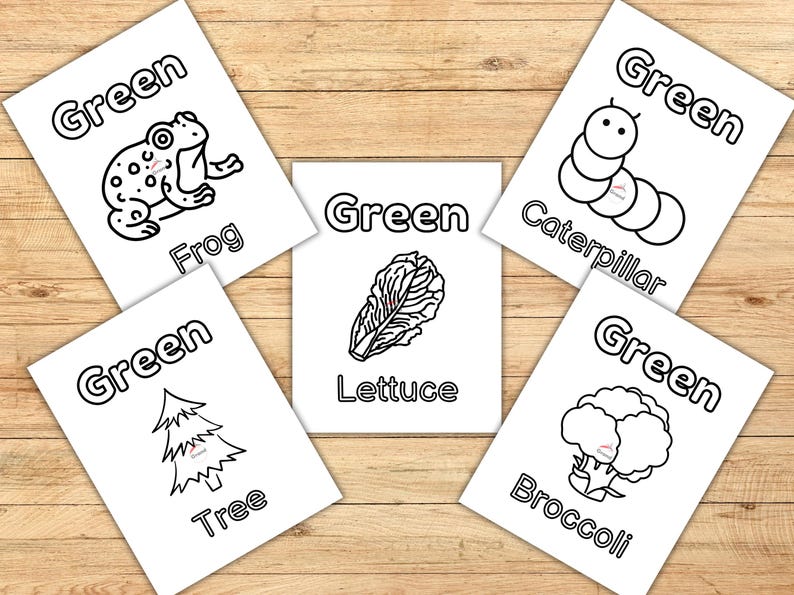 Five pictures all to be colored green: frog, caterpillar, lettuce, tree, and broccoli.