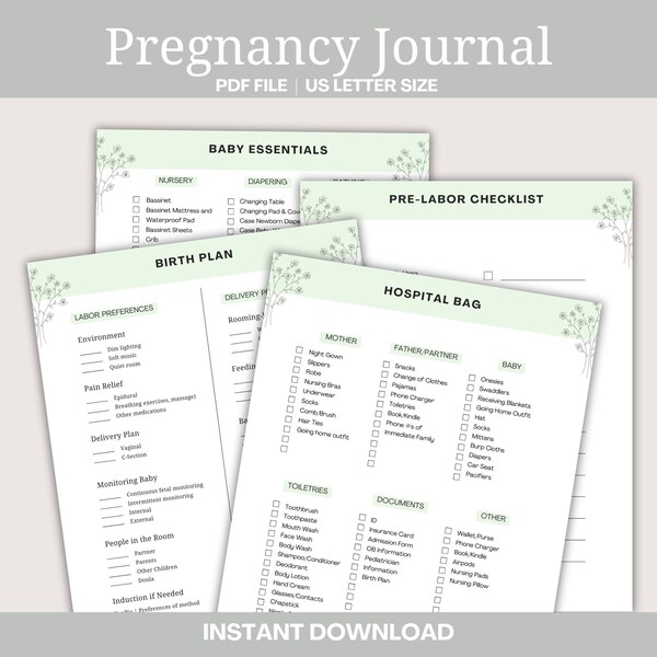 Pregnancy journal including birth plan, hospital bag checklist, hospital notes, and pre-labor checklist for new moms.