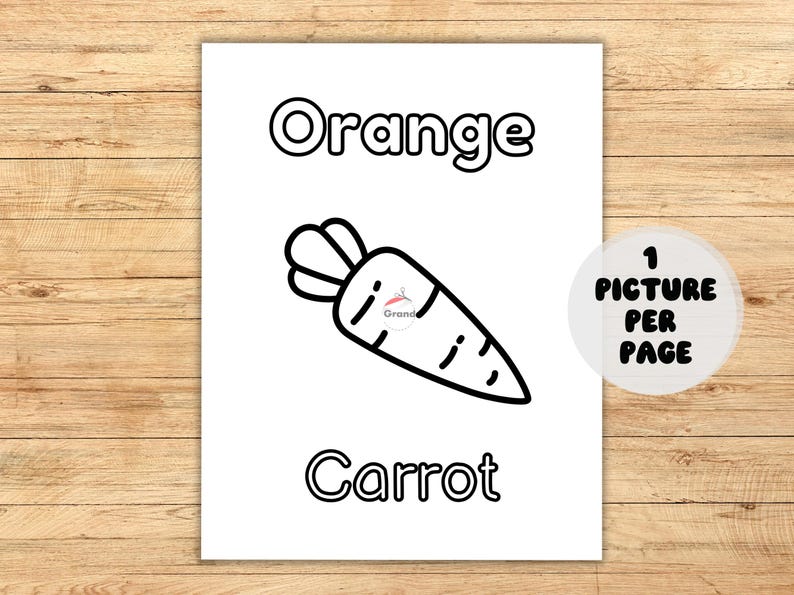 Picture of a Carrot on an "orange" page. Shows that there is 1 picture per page.