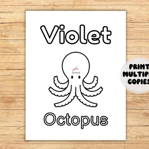 Picture of an Octopus to be colored Violet. Shows to print multiple copies.