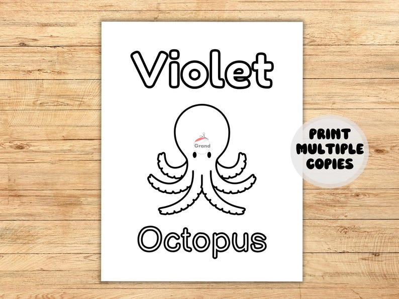 Picture of an Octopus to be colored Violet. Shows to print multiple copies.