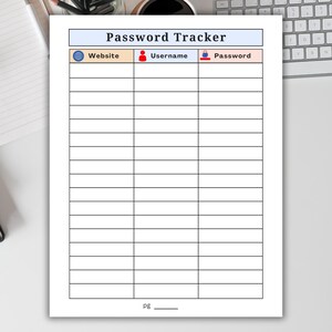 May include: A printable password tracker with columns for website, username, and password. The page has a blue header with the text "Password Tracker" in white.