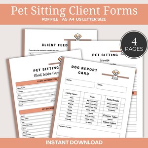 Dog Report Card, Pet Client Intake, Invoice e moduli di feedback del cliente nel pacchetto Pet Sitter Business Forms. PDF compilabile in formato Letter, A4 e A5.