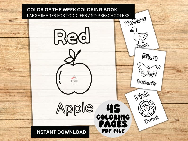 Color of the Week Coloring Book. Large images for toddlers and preschoolers.Picture of a Red Apple with the words "RED" and "Apple" to be colored.  45 coloring pages, PDF File, instant download