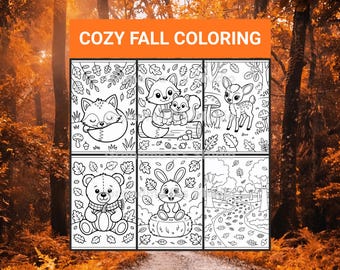 Fall Coloring Pages for Kids, Autumn Printable Activities, Thanksgiving Fun, Cozy Animals