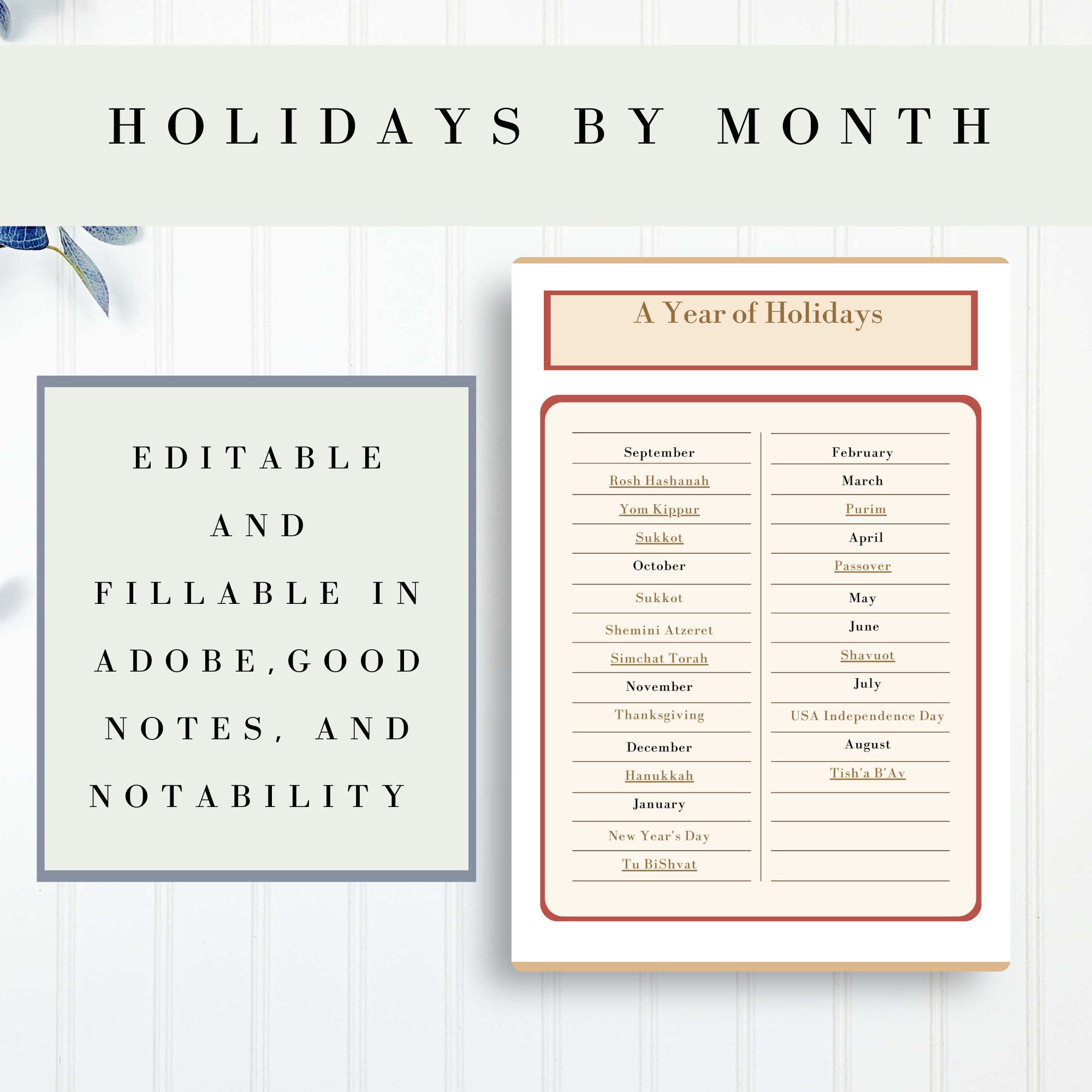 Editable Fillable Jewish Holiday Calendar and Planner Major and Minor