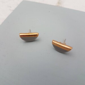 Small Grey & Gold Half Circle Stud Earrings | Porcelain Gold Lustre Stud Earrings | Geometric Jewellery | Semi Circle