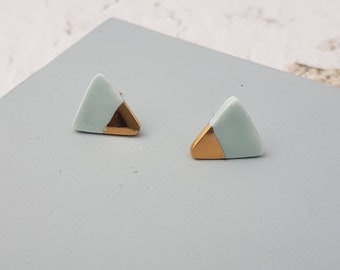 Aqua & Gold Triangle Stud Earrings | Porcelain Gold Lustre Stud Earrings | Geometric Jewellery