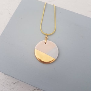 Pale Pink & Grey with Gold Round Pendant Necklace | Porcelain Gold Lustre Necklace | Geometric Jewellery | Ceramic Jewellery