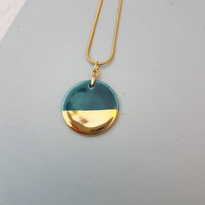 Turquoise & Gold Round Pendant Necklace | Porcelain Gold Lustre Necklace | Geometric Jewellery | Ceramic Jewellery