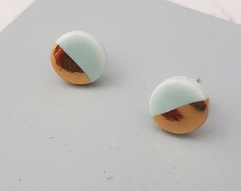 Tiny Aqua & Gold Round Stud Earrings | Porcelain Gold Lustre Stud Earrings | Geometric Jewellery