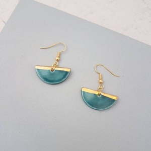 Turquoise & Gold Semicircle Dangle Earrings | Porcelain Gold Lustre Dangle Earrings | Geometric Jewellery | Ceramic Earrings