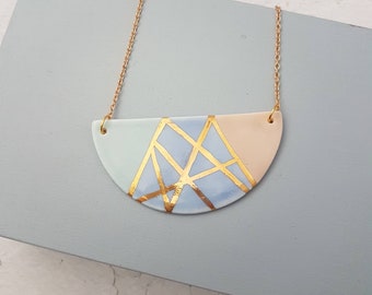 Pastel Pink, Blue & Aqua Bib Necklace | Porcelain Jewellery | Ceramic Jewellery | Gold Necklace | Semi Circle | Geometric Jewellery