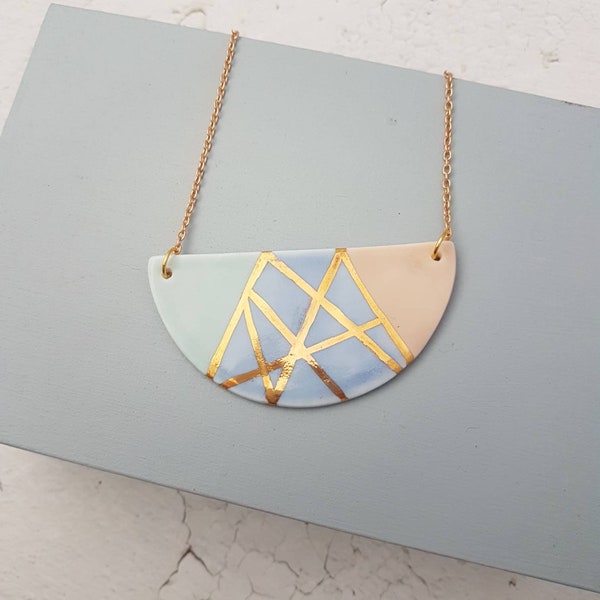 Pastel Pink, Blue & Aqua Bib Necklace | Porcelain Jewellery | Ceramic Jewellery | Gold Necklace | Semi Circle | Geometric Jewellery