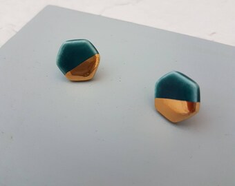 Turquoise & Gold Hexagon Stud Earrings | Porcelain Gold Lustre Stud Earrings | Geometric Jewellery | Ceramic Jewellery