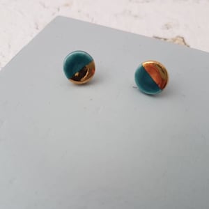 Tiny Turquoise & Gold Round Stud Earrings | Porcelain Gold Lustre Stud Earrings | Geometric Jewellery