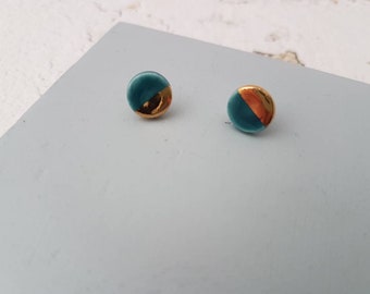 Tiny Turquoise & Gold Round Stud Earrings | Porcelain Gold Lustre Stud Earrings | Geometric Jewellery