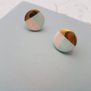 Aqua & Pink, Gold Circle Stud Earrings | Porcelain Gold Lustre Stud Earrings | Geometric Jewellery | Ceramic Jewellery