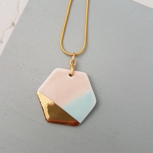 Bright Pink & Aqua, Gold Hexagon Pendant Necklace | Porcelain Gold Lustre Necklace | Geometric Jewellery | Ceramic Jewellery