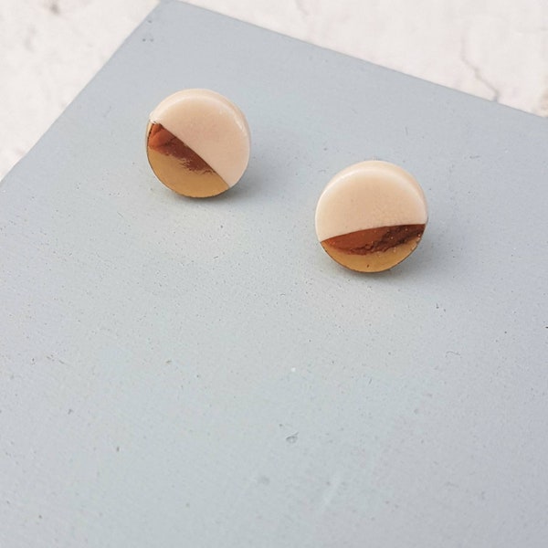 Tiny Pink & Gold Round Stud Earrings | Porcelain Gold Lustre Stud Earrings | Geometric Jewellery