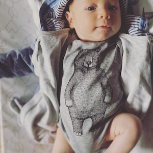 Bear Babygrow/babyvest/bodysuit screen printed Mr Bear design, organic white/grey cotton, long sleeved, unisex the perfect baby gift Grey cotton