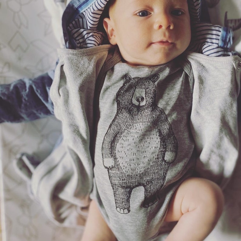 Bear Babygrow/babyvest/bodysuit screen printed Mr Bear design, organic white/grey cotton, long sleeved, unisex the perfect baby gift Grey cotton