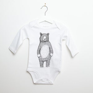 Bear Babygrow/babyvest/bodysuit screen printed Mr Bear design, organic white/grey cotton, long sleeved, unisex the perfect baby gift image 1