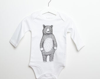 Bear Babygrow/babyvest/bodysuit -screen printed Mr Bear design, organic white/grey cotton, long sleeved, unisex - the perfect baby gift!