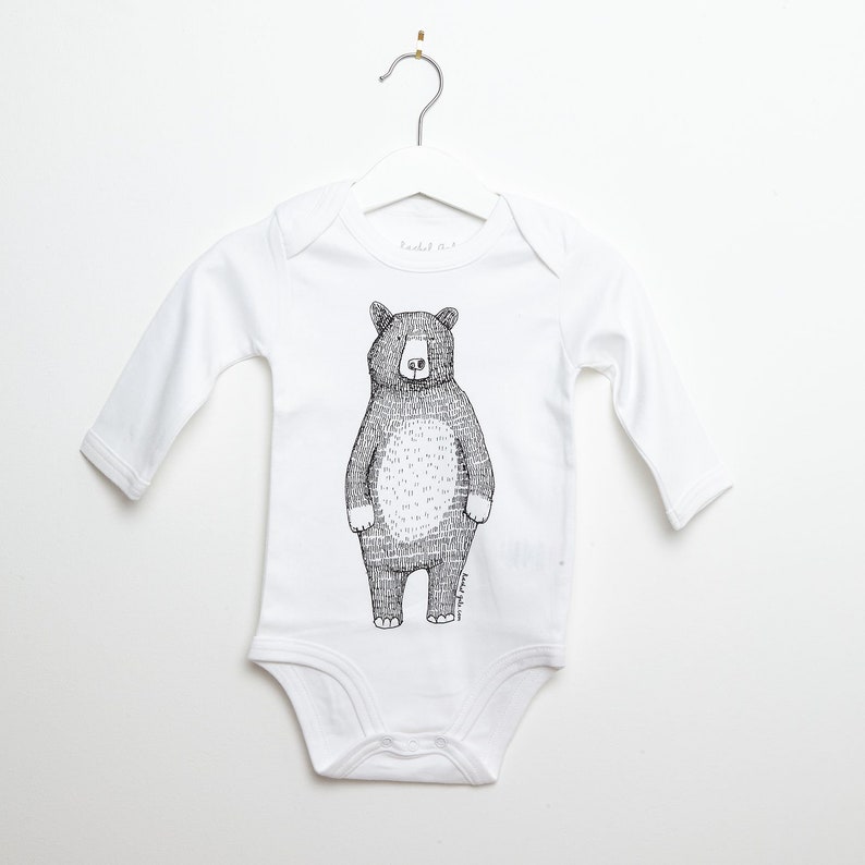 Bear Babygrow/babyvest/bodysuit screen printed Mr Bear design, organic white/grey cotton, long sleeved, unisex the perfect baby gift image 1