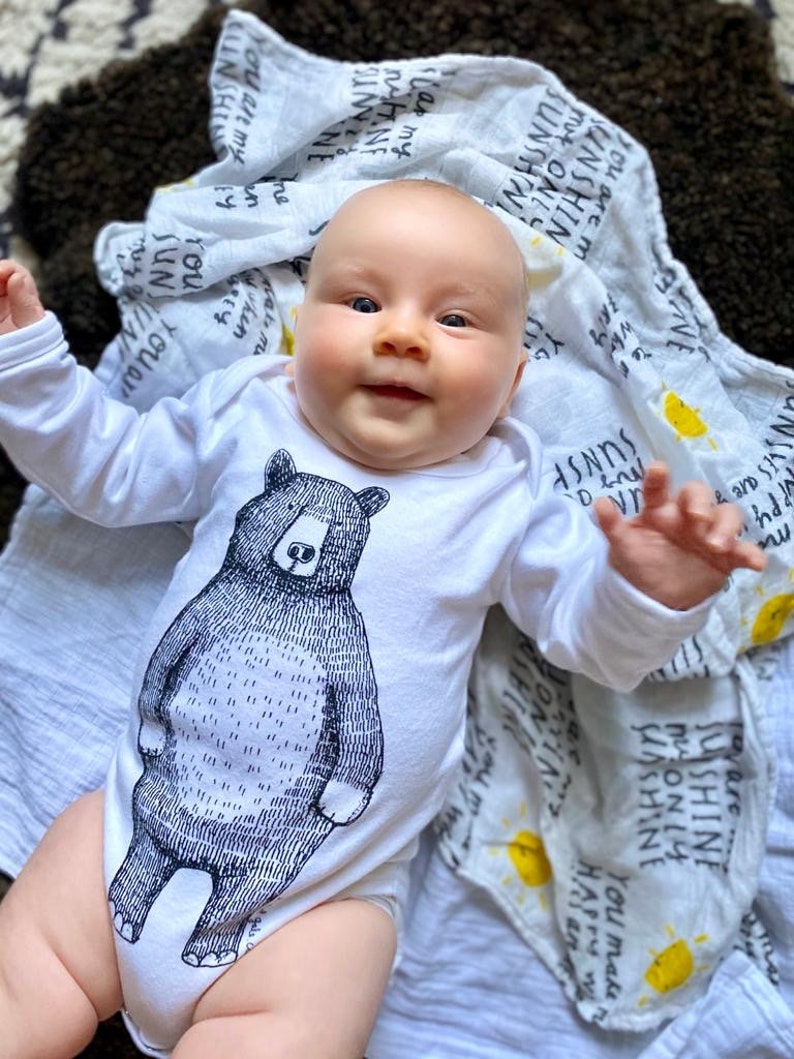 Bear Babygrow/babyvest/bodysuit screen printed Mr Bear design, organic white/grey cotton, long sleeved, unisex the perfect baby gift White cotton