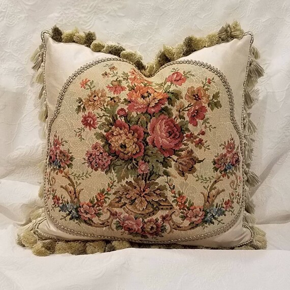 Sold Antique Floral Tapestry Pillow Sage Green Orange Etsy