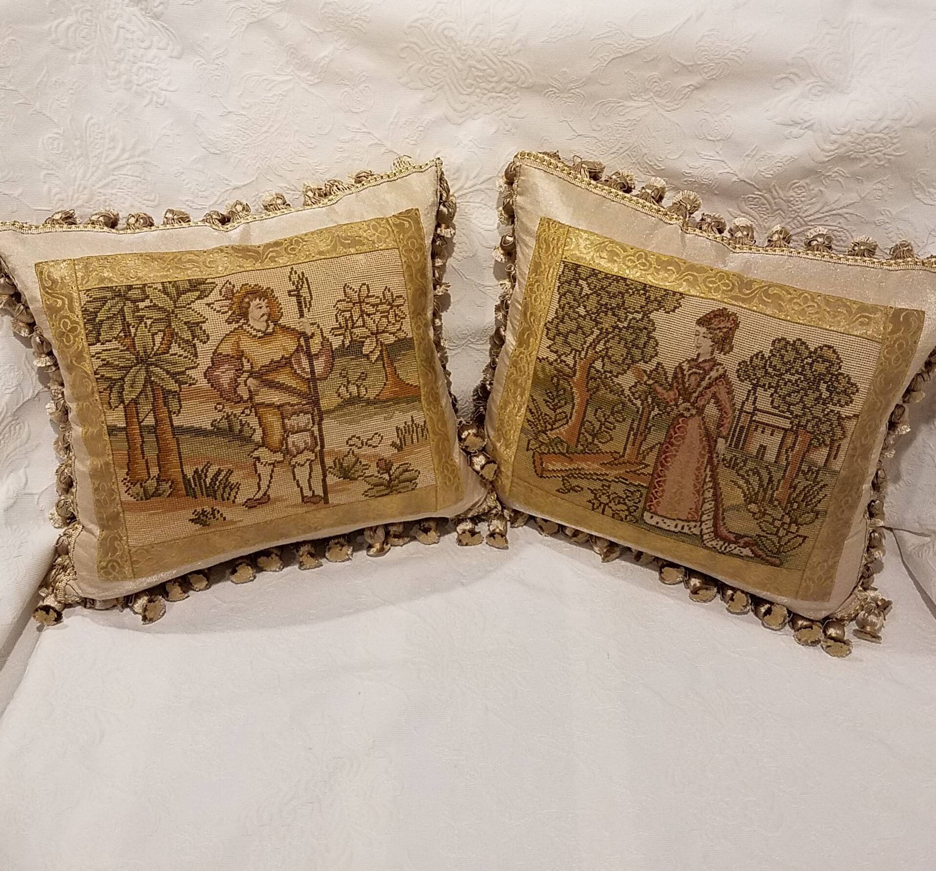 2 Antique Needlepoint Tapestry Pillows Medieval Renaissance Etsy