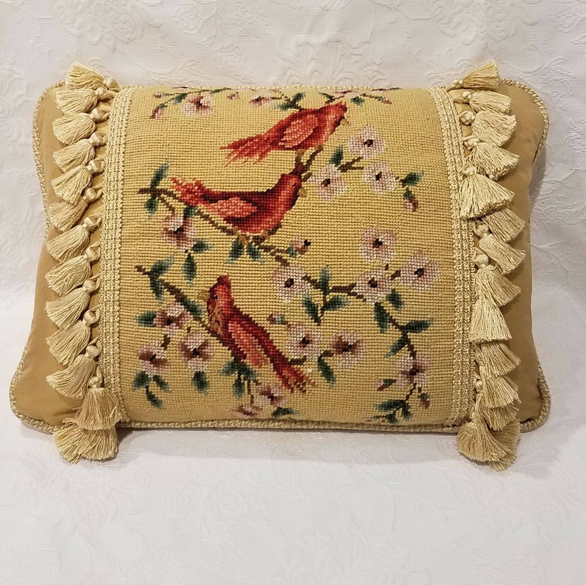 SOLD Vintage Bird Needlepoint Pillow Cardinals Gold Etsy