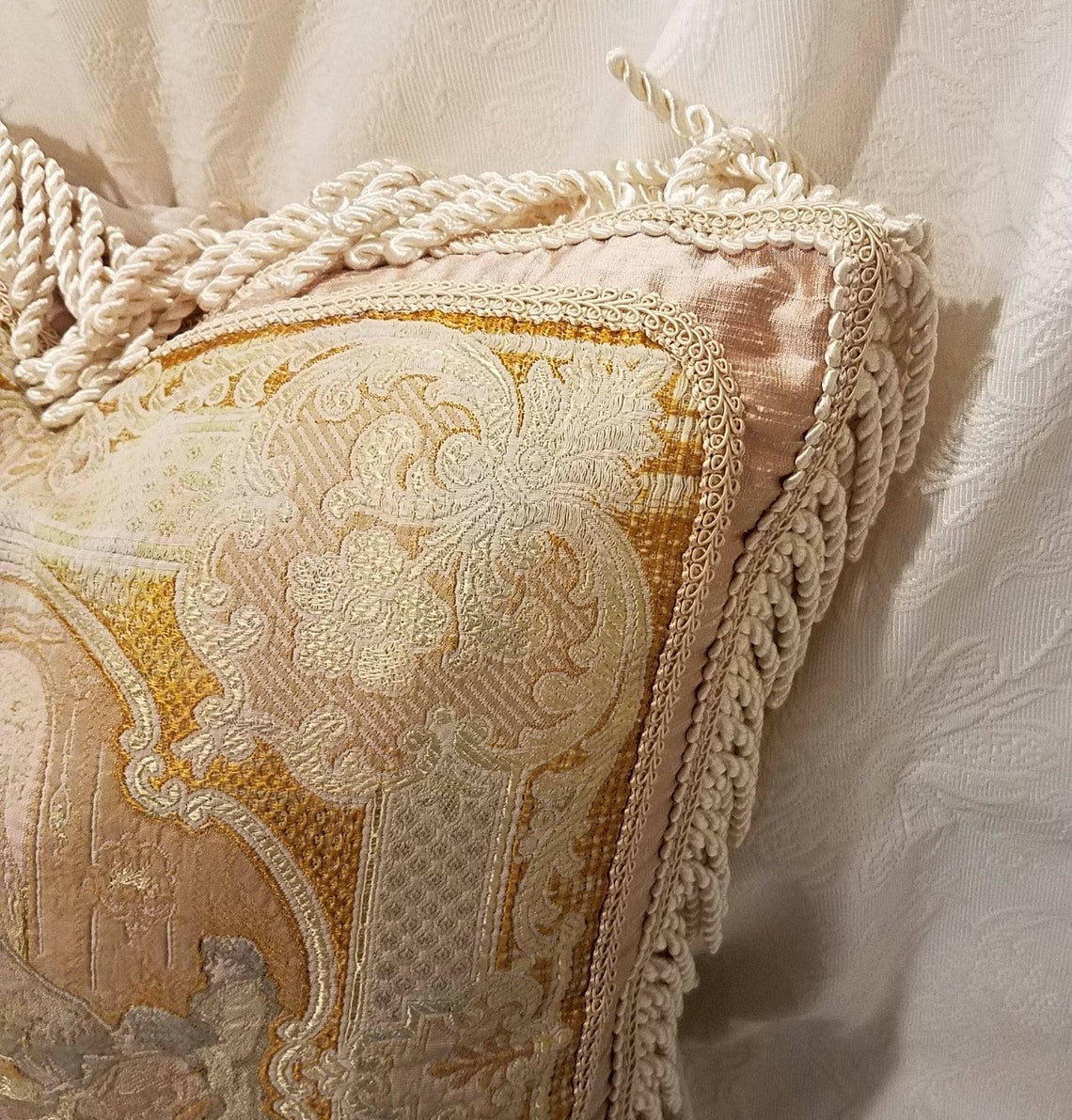 19th c. Antique Tapestry Pillow Apricot Peach Gold Gray Etsy