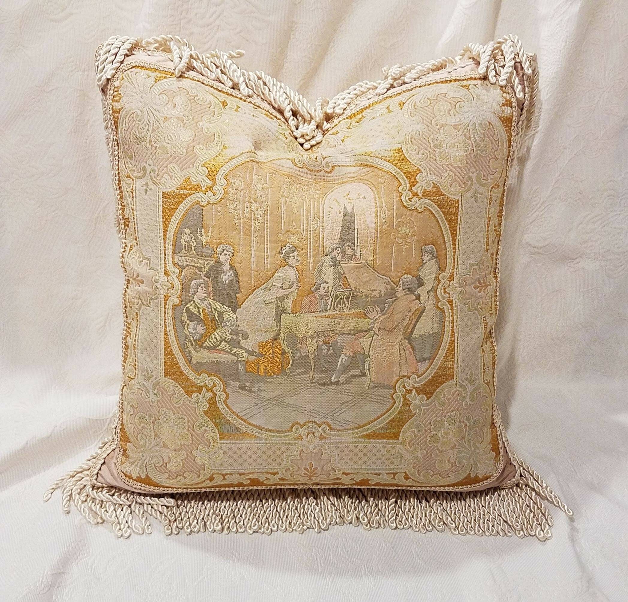 19th c. Antique Tapestry Pillow Apricot Peach Gold Gray Etsy